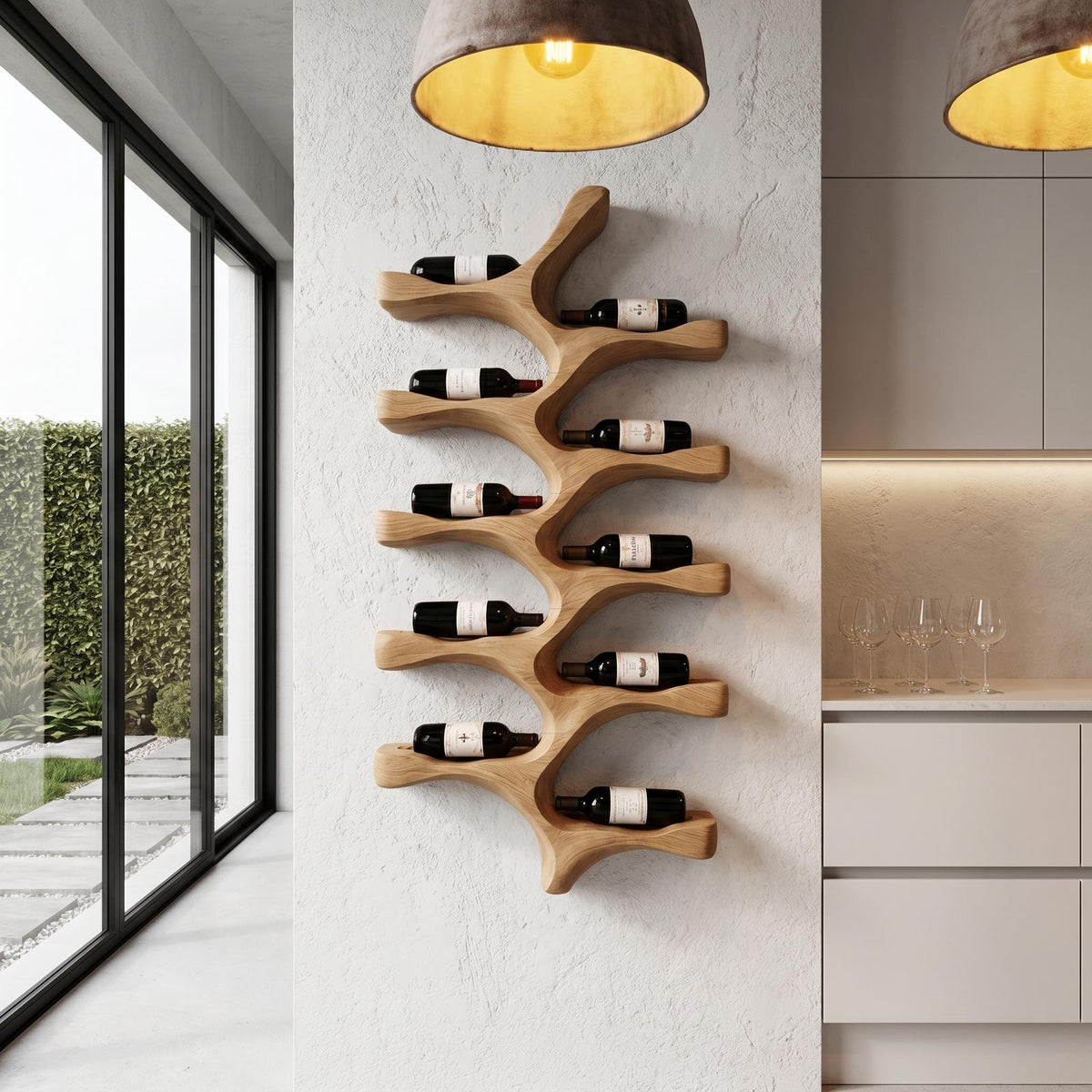 Organic Wall Mounted Wine Rack with Tree Branch Bottle Holders, Handcrafted Wood Wine Rack for Kitchen