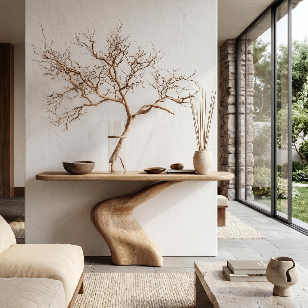 Organic Console Table with Sculptural Twisted Solid Wood Base for Entryway, Foyer & Living Room Accent, Natural