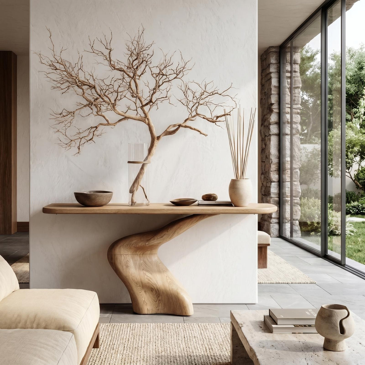 Organic Console Table with Sculptural Twisted Solid Wood Base for Entryway, Foyer & Living Room Accent, Natural