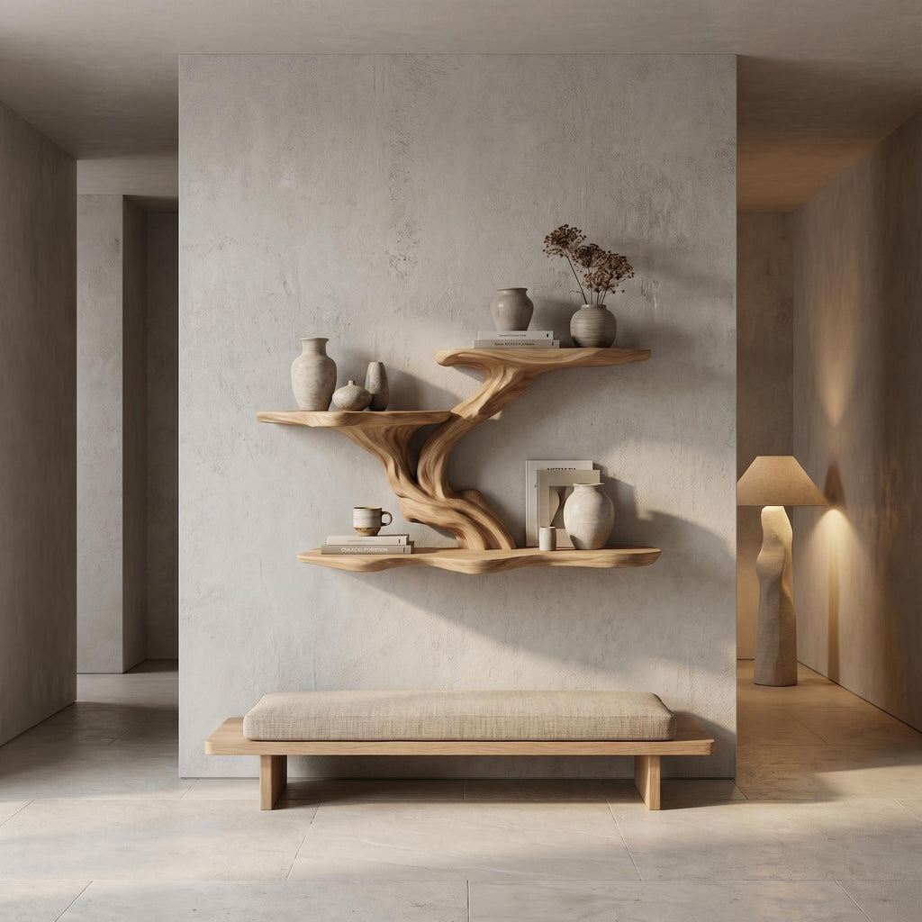 Organic Tree Branch Floating Shelf, Sculptural Wall Storage Solid Wood Ledge