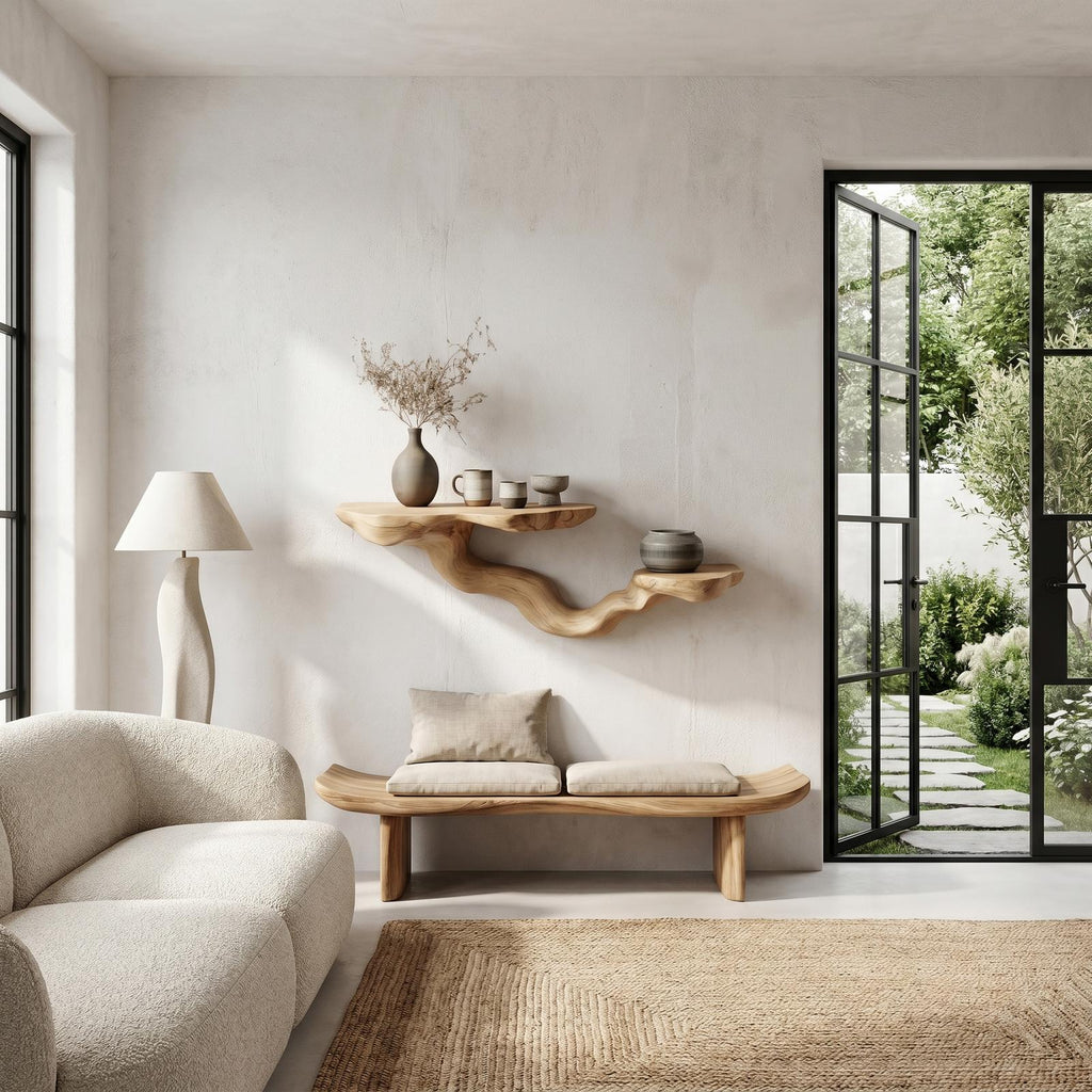 Rustic Floating Shelf with Sculptural Tree Branch Form, Wall Mounted Wood Organizer