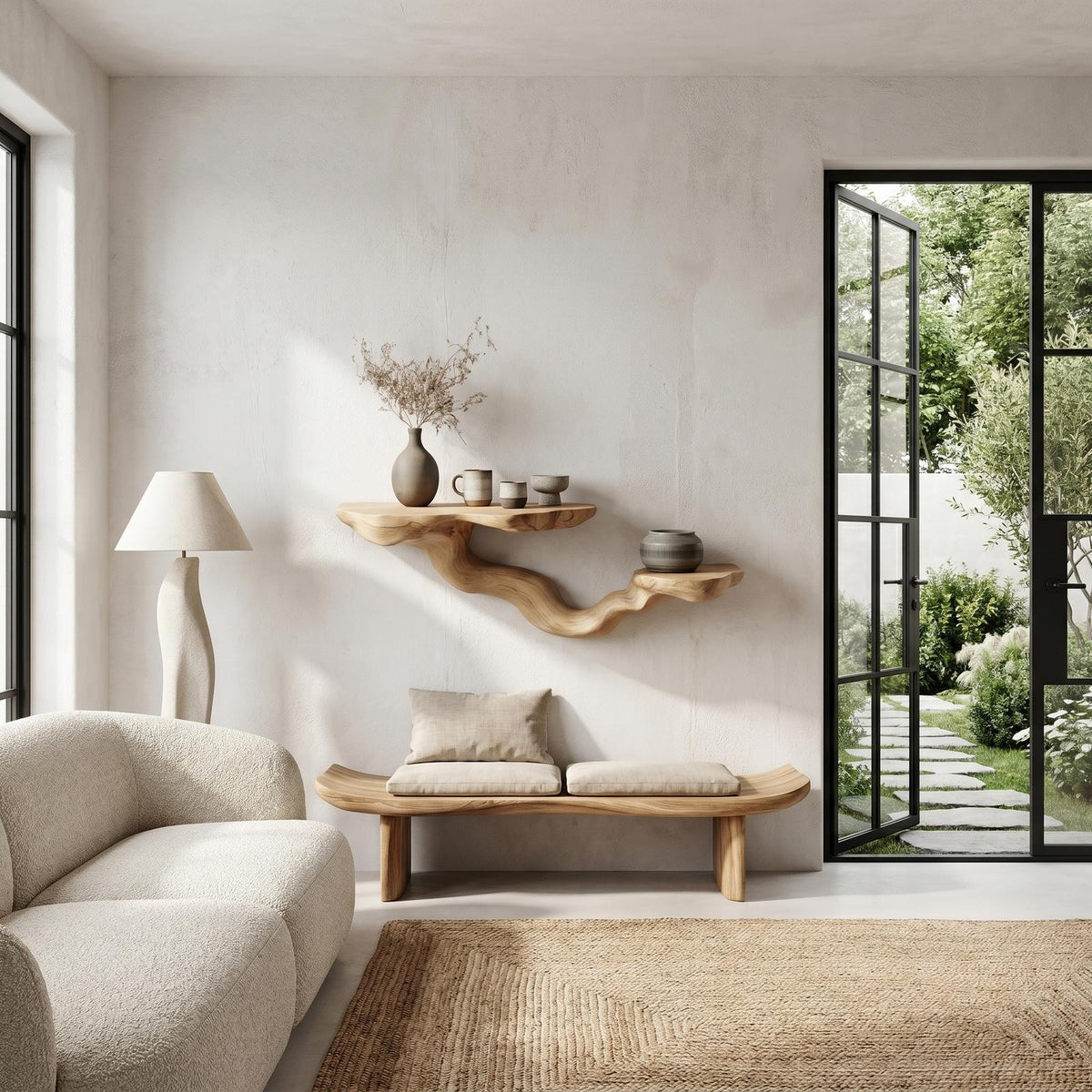 Rustic Floating Shelf with Sculptural Tree Branch Form, Wall Mounted Wood Organizer