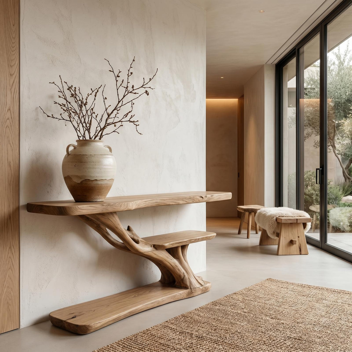 Organic Sculptural Console Table with Handcrafted Solid Wood Base for Entryway, Hallway, & Living Room Accent