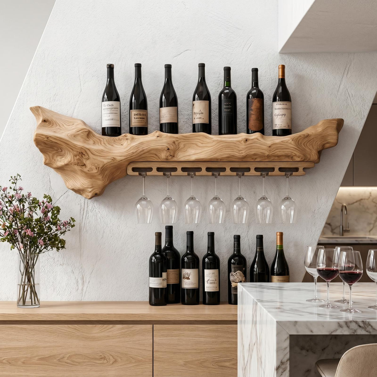 Rustic Live Edge Wall Mounted Wine Rack with Stemware Glass Holder, Hanging Wood Bottle Organizer for Kitchen