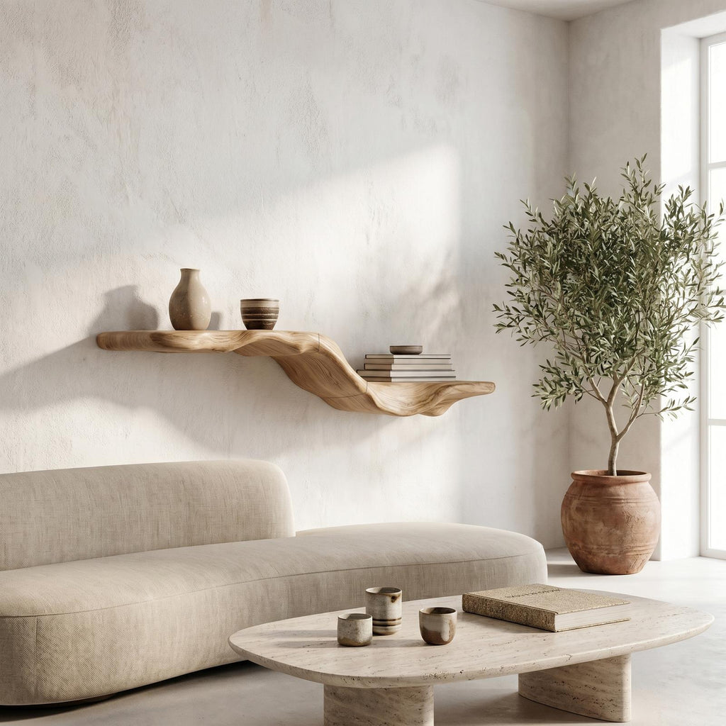 Organic Floating Shelf with Flowing Tree Branch Design, Wall Mounted Wood Display Shelf