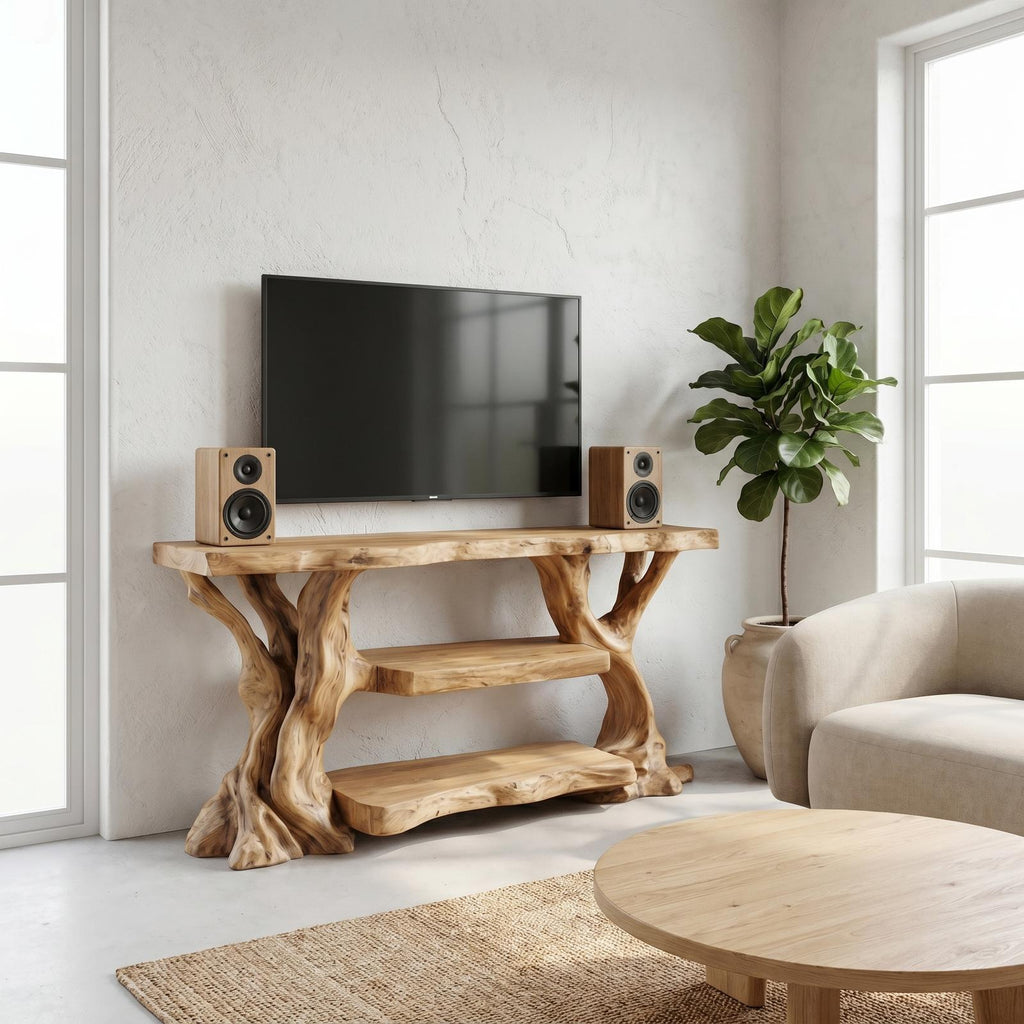 Rustic TV Stand with Natural Wood Sculptural Frame, Solid Wood Media Console Table