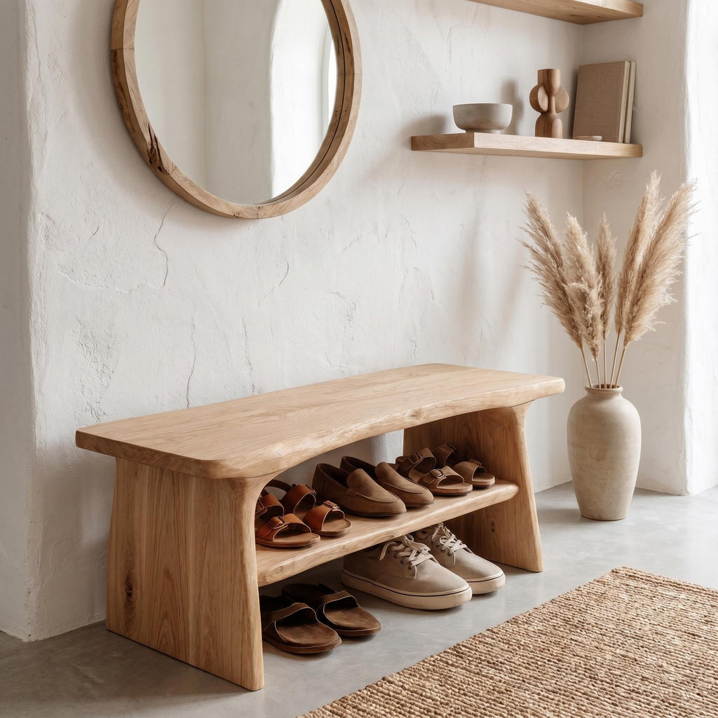 Rustic Shoe Bench with Natural Wood Storage, Handcrafted Entryway Sitting Bench