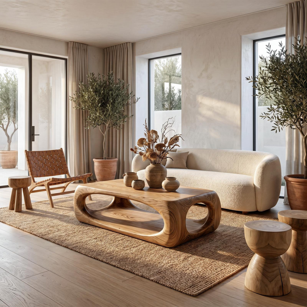 Nature Inspired Coffee Table with Flowing Open Form Base, Handcrafted Organic Solid Wood Center Table, Model