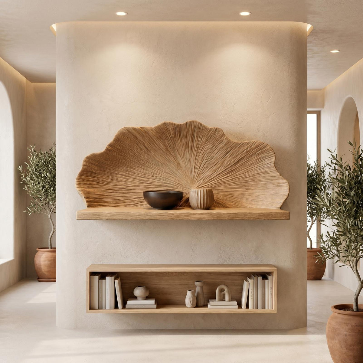 Spry Interior Carved Shell Shape Floating Wall Shelf, Decorative Solid Wood Hanging Ledge for Bedroom Living Room, SINLHAFL537