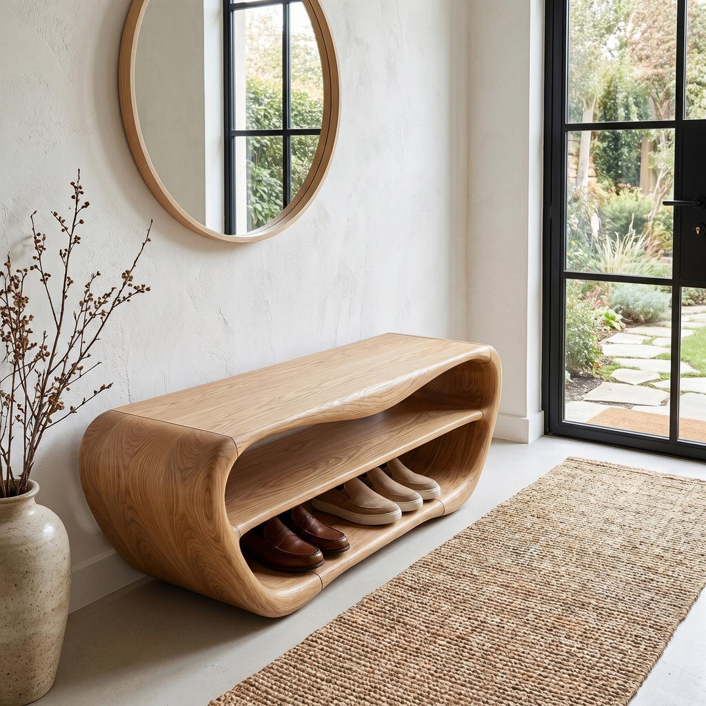 Handcrafted Shoe Bench with Open Storage, Rustic Wooden Entryway Sitting Bench Organizer