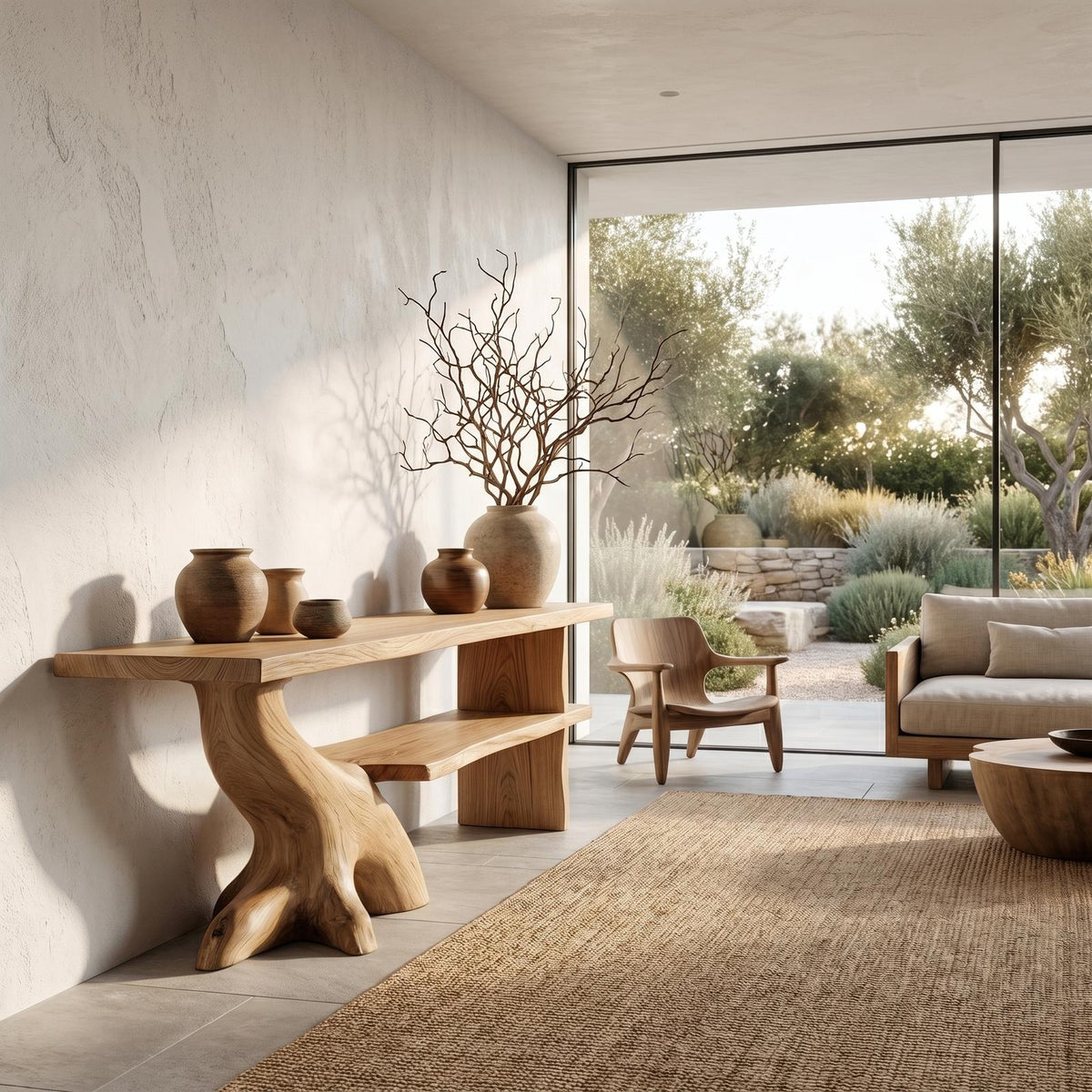 Organic Wood Console Table with Sculptural Tree Branch Base, Rustic Entryway & Living Room Accent Foyer Table