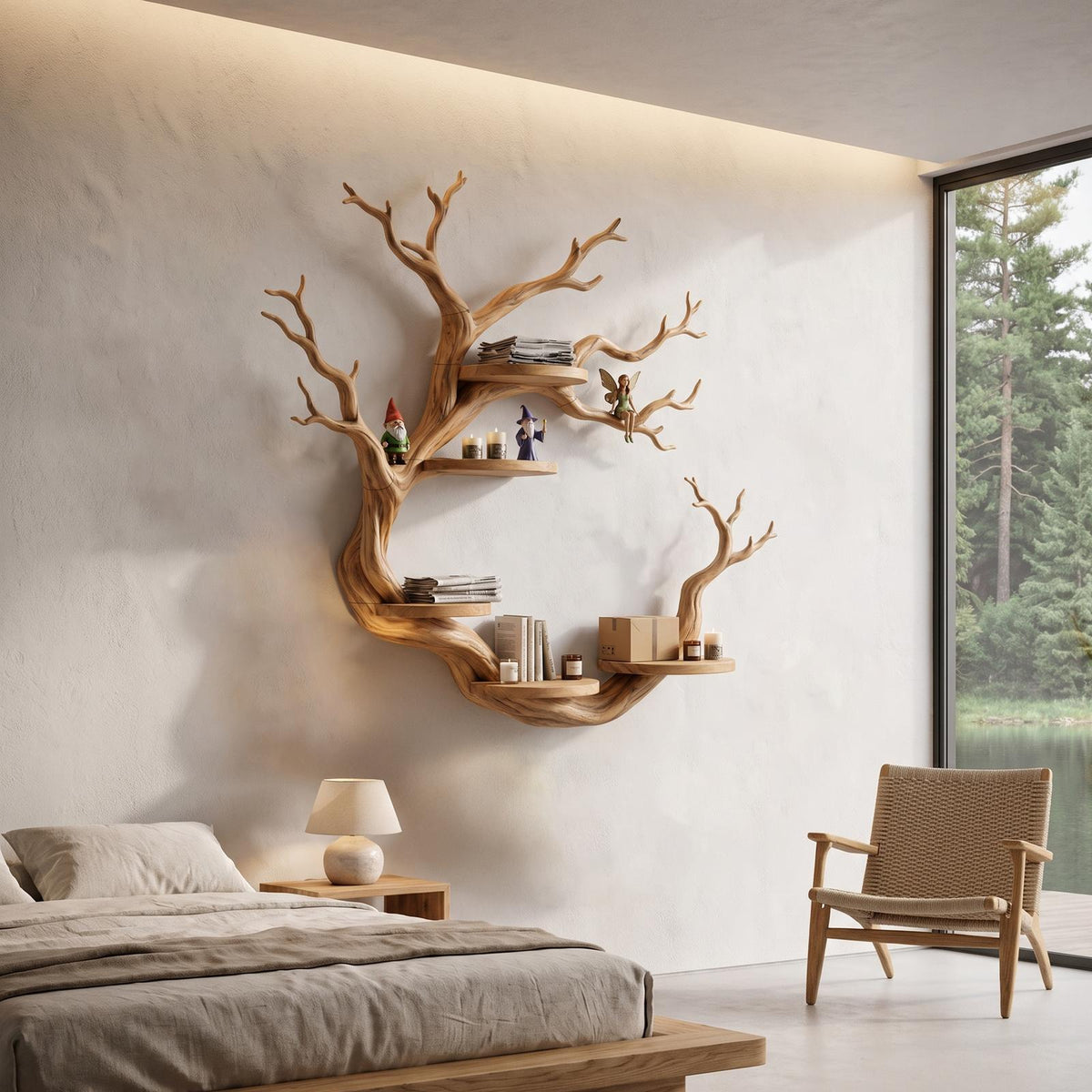 Rustic Tree Bookshelf With Sculptural Circular Branch Design For Living Room