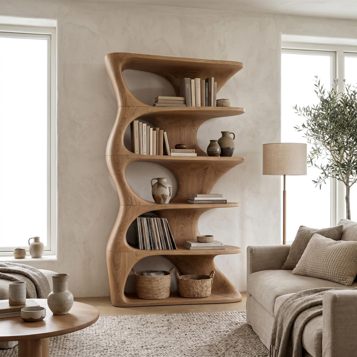 Organic Sculptural Wall Mounted Bookshelf with Curved Floating Wood Shelves, Decorative Wall Hanging Bookcase