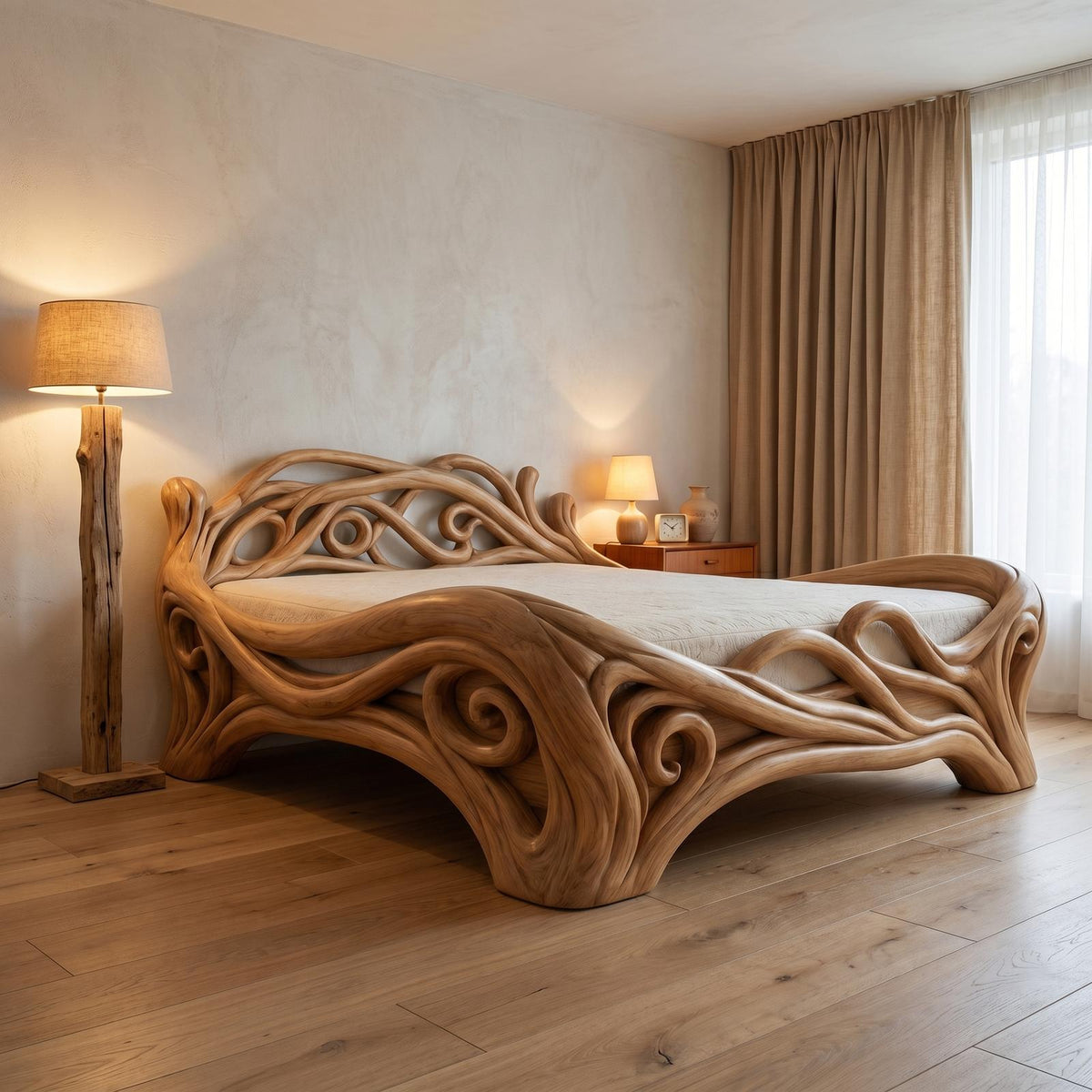 Spry Interior Organic Sculptural Bed Frame with Flowing Root-Inspired Wood Design, Unique Handcrafted Solid Wood Bed Frame - SINLHAWB121