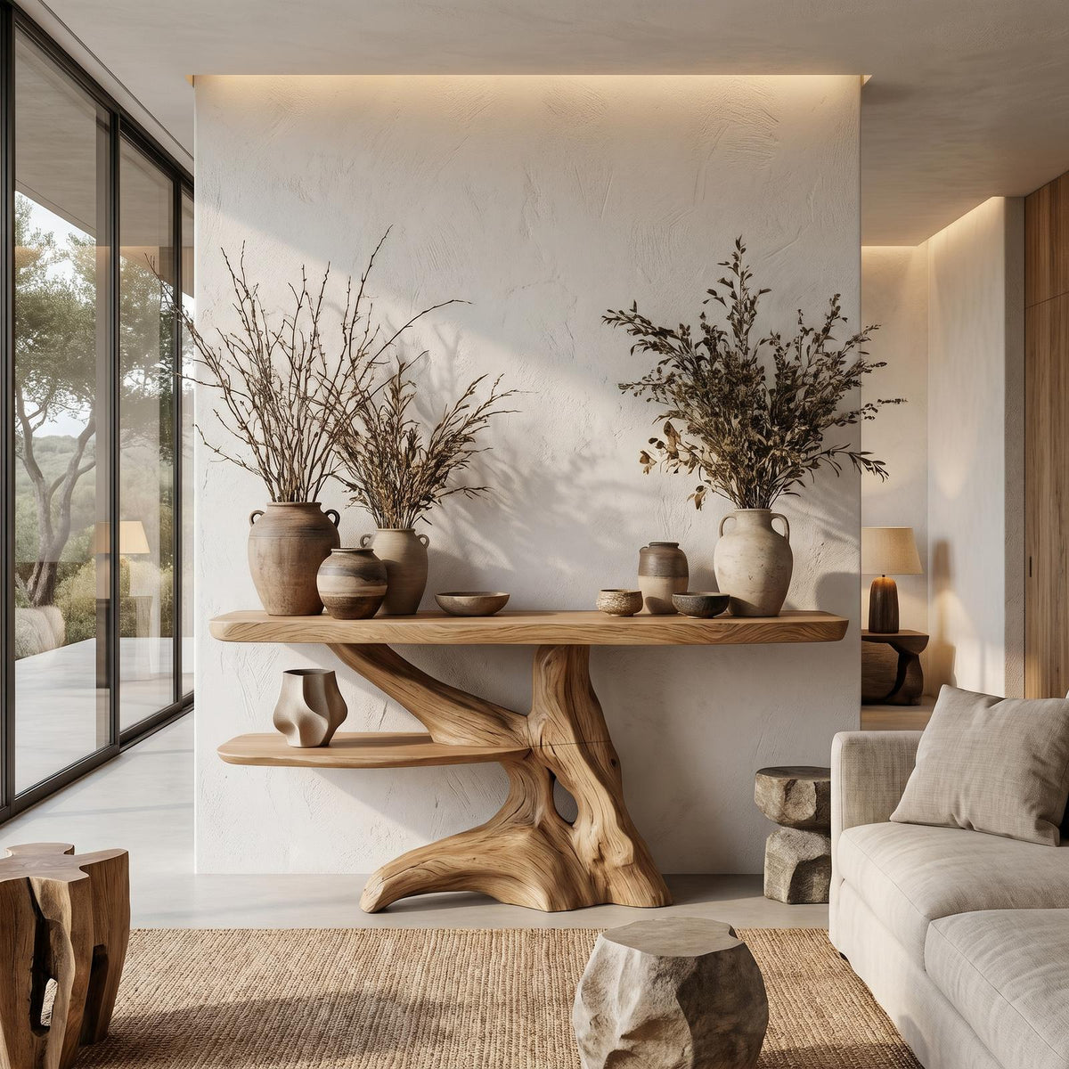 Contemporary Console Table with Sculptural Solid Wood Root Design, Handcrafted Live Edge Entryway & Hallway Table