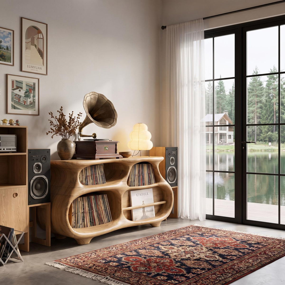 Mid Century Vinyl Record Stand With Artistic Flowing Silhouette For Entryway