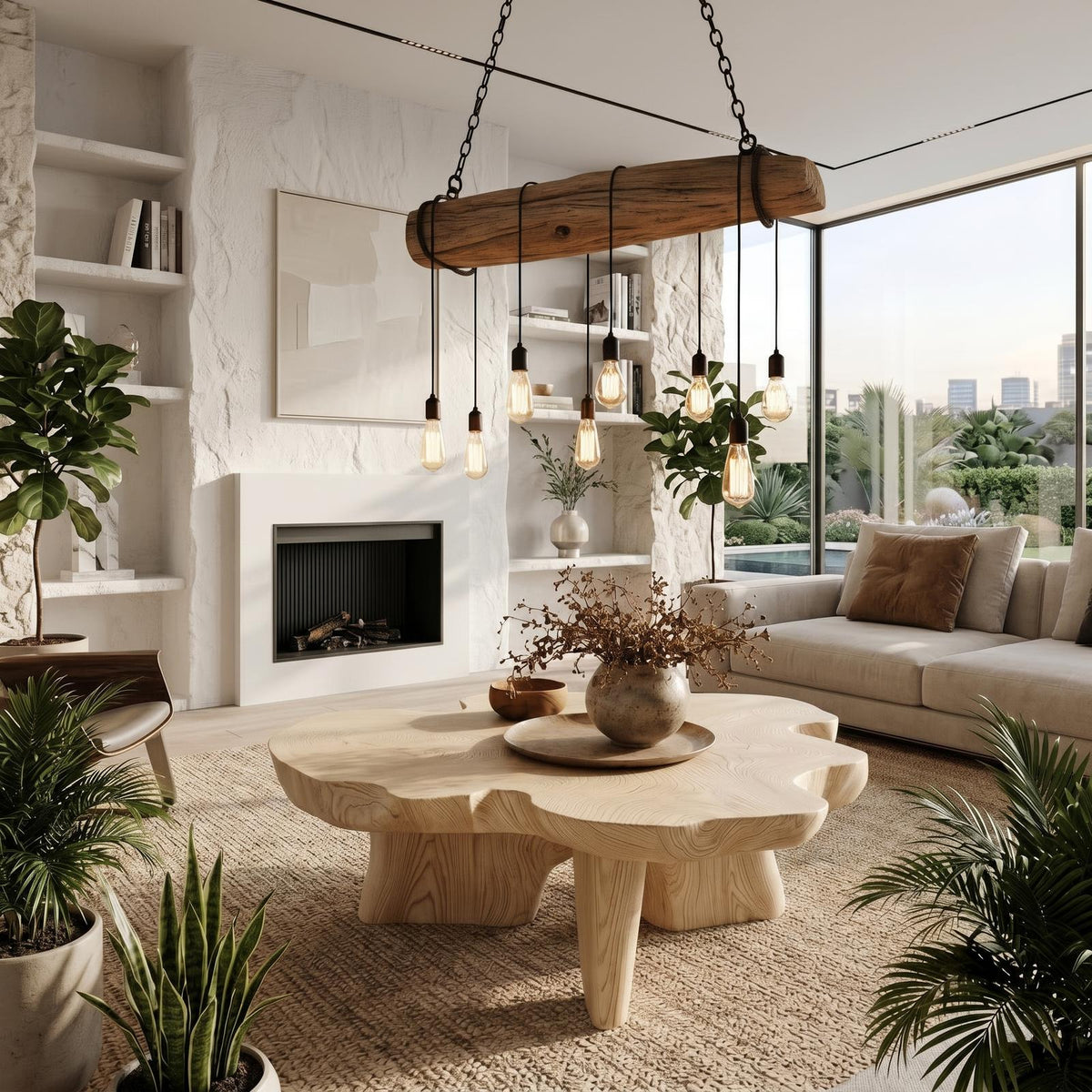 Organic Coffee Table with Sculptural Solid Wood Base, Modern Rustic Center Table for Living Room