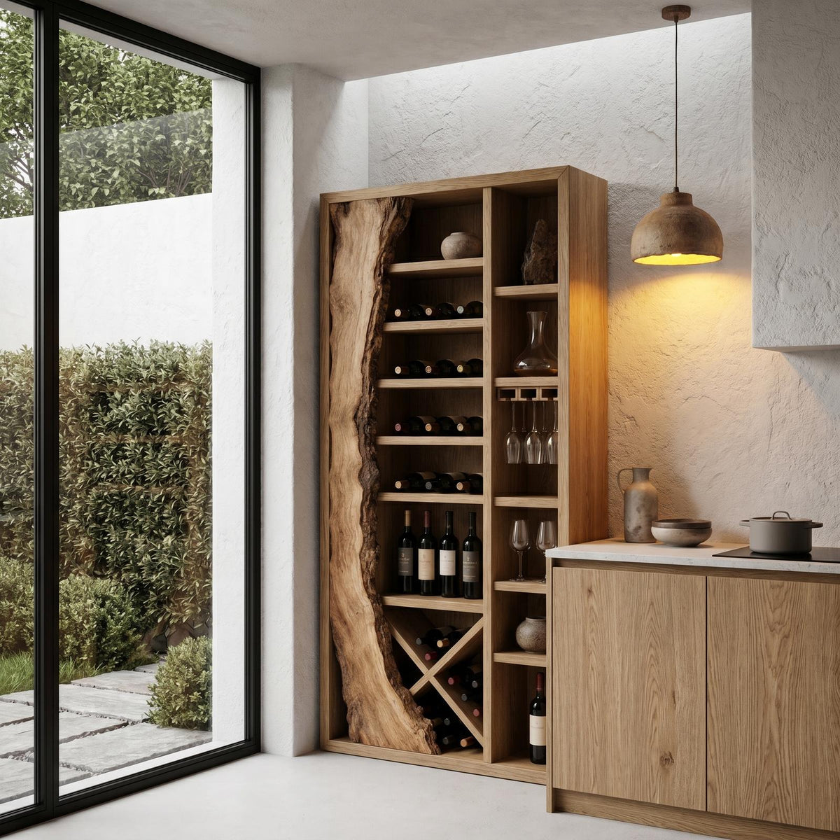 Rustic Wood Wine Cabinet, Live Edge Inlay & Built-In Bottle Storage Bar Credenza for Dining Room