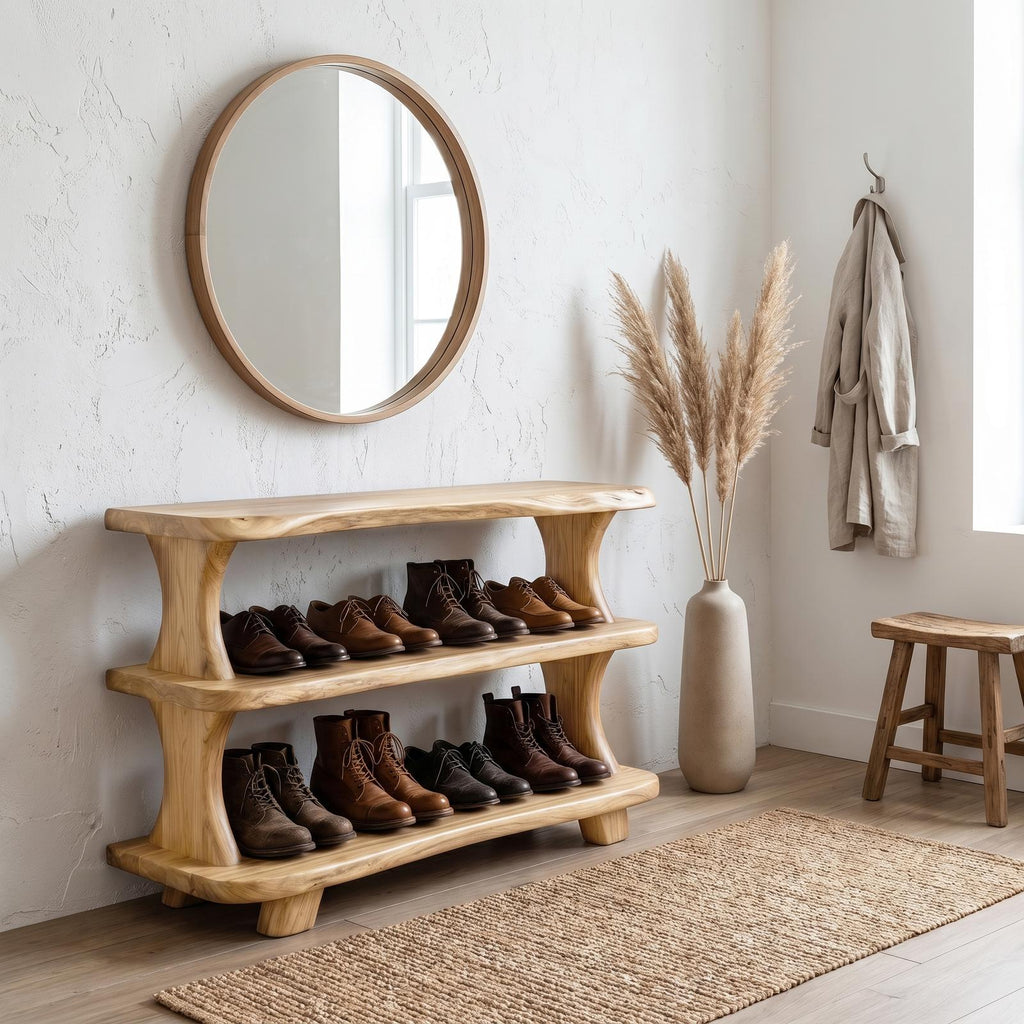 Modern Wooden Shoe Rack, Sculptural Entryway Organizer Closet Cabinet with Shelves