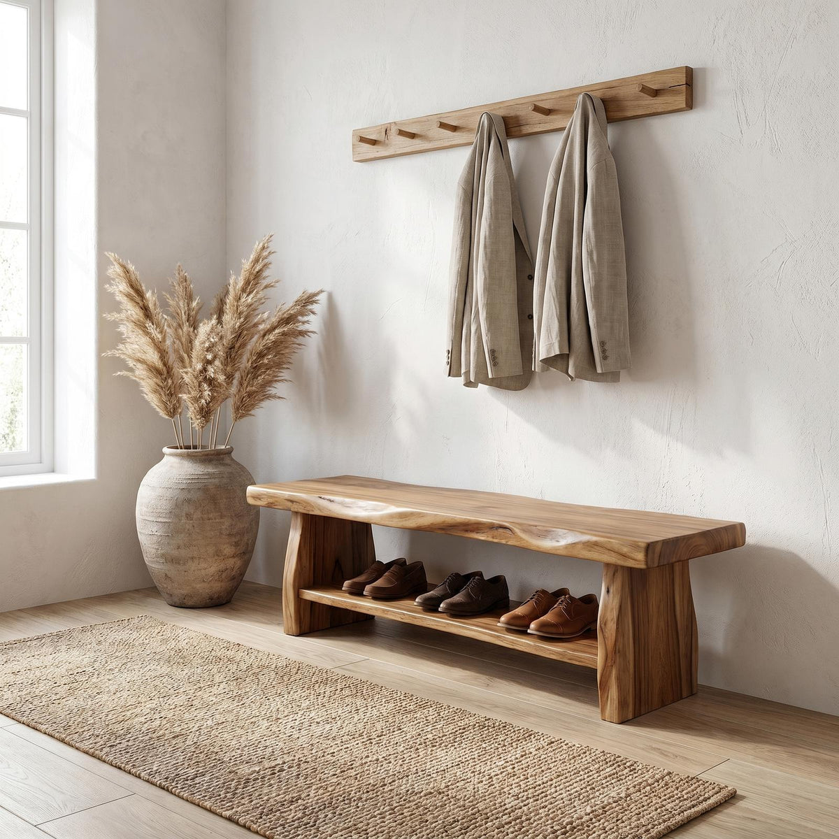 Rustic Solid Wood Shoe Bench, Natural Entryway Shoe Organizer Rack & Seat with Storage