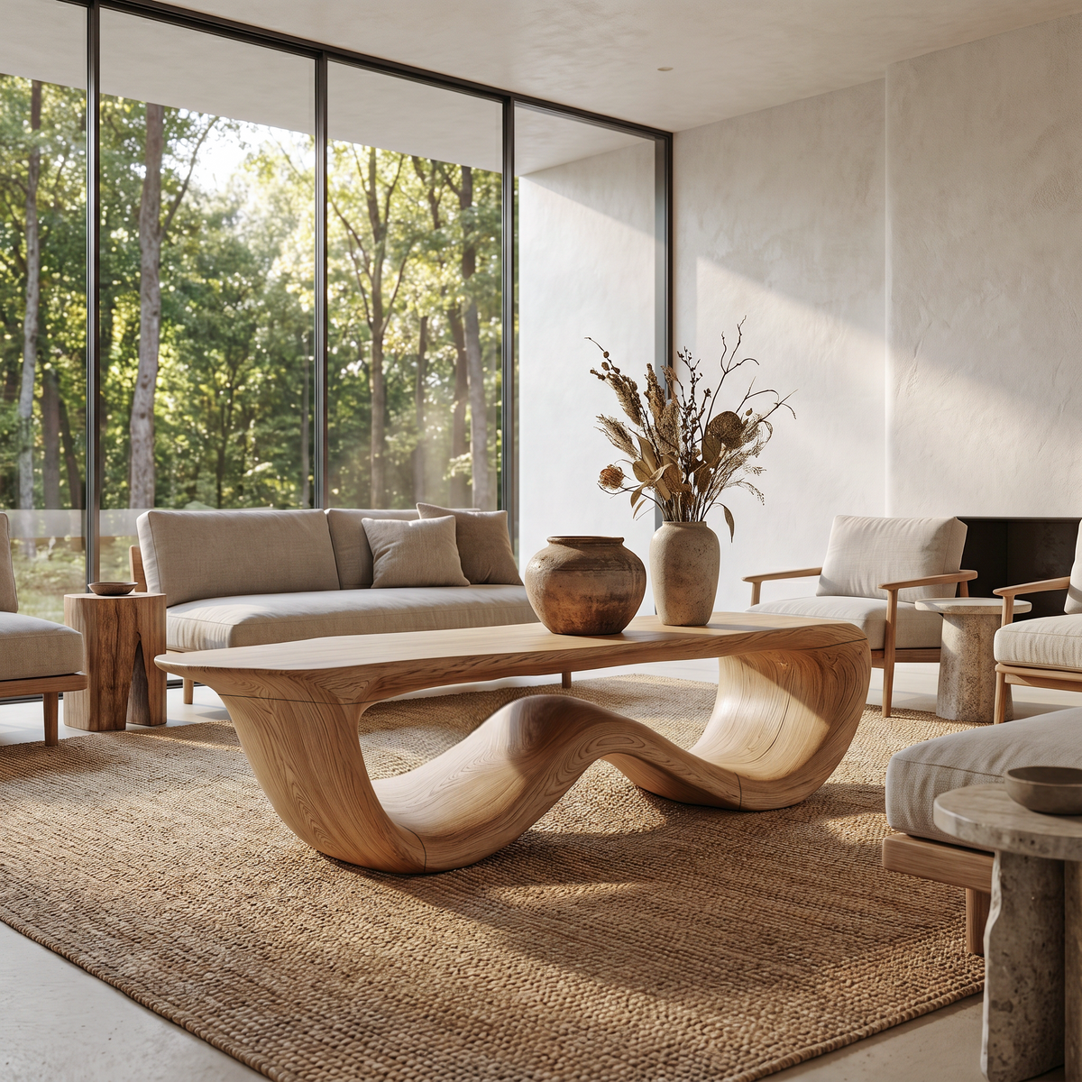 Contemporary Coffee Table with Flowing Solid Wood Silhouette, Organic Handcrafted Living Room Center Table, Model