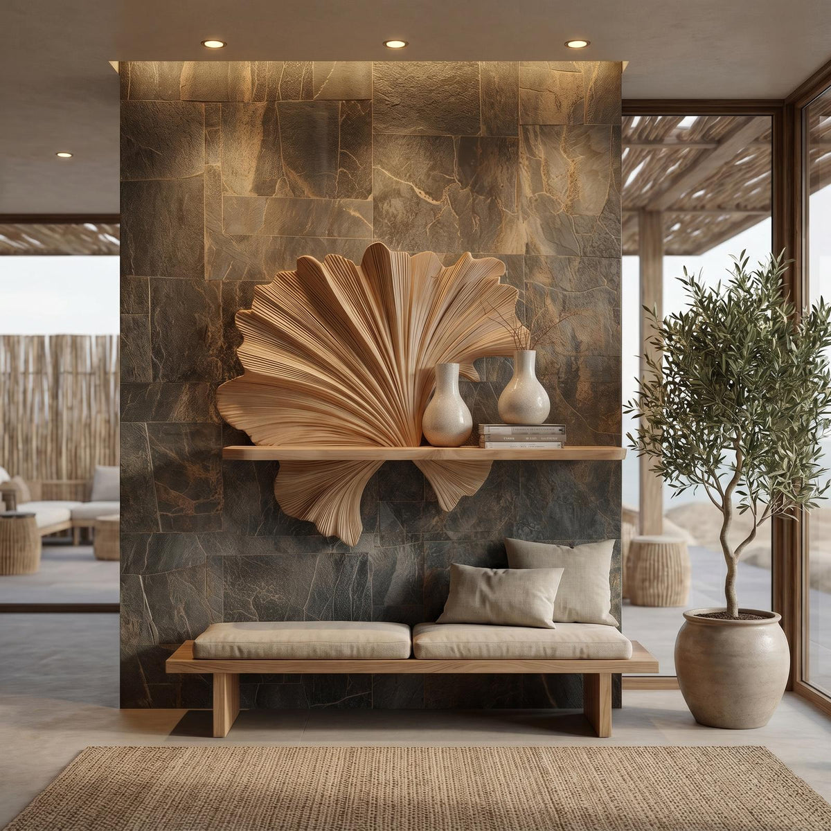Carved Fan Shape Floating Wall Shelf, Handcrafted Solid Wood Decorative Display Ledge for Living Room