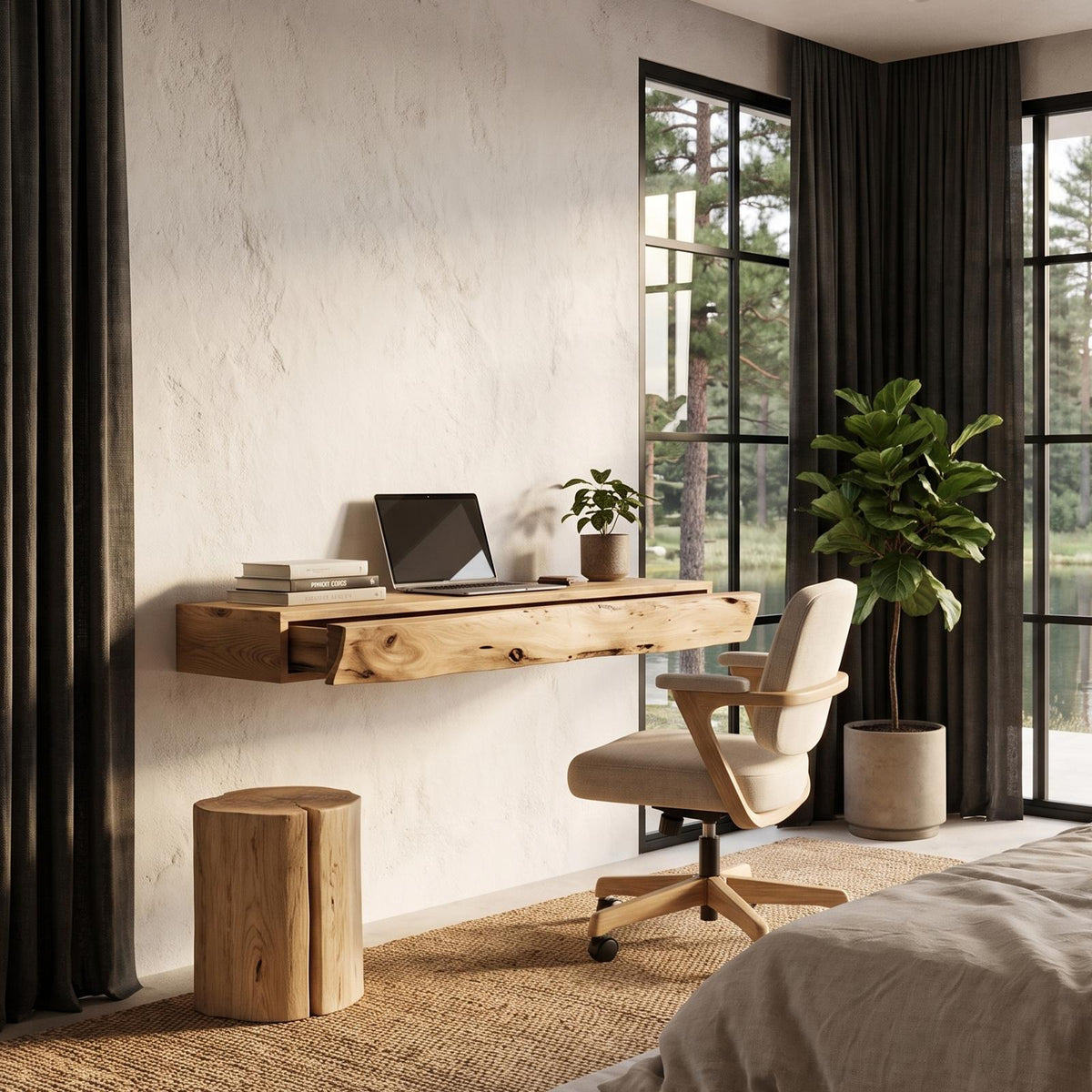 Rustic Floating Desk With Live Edge Design For Home Office And Workspace