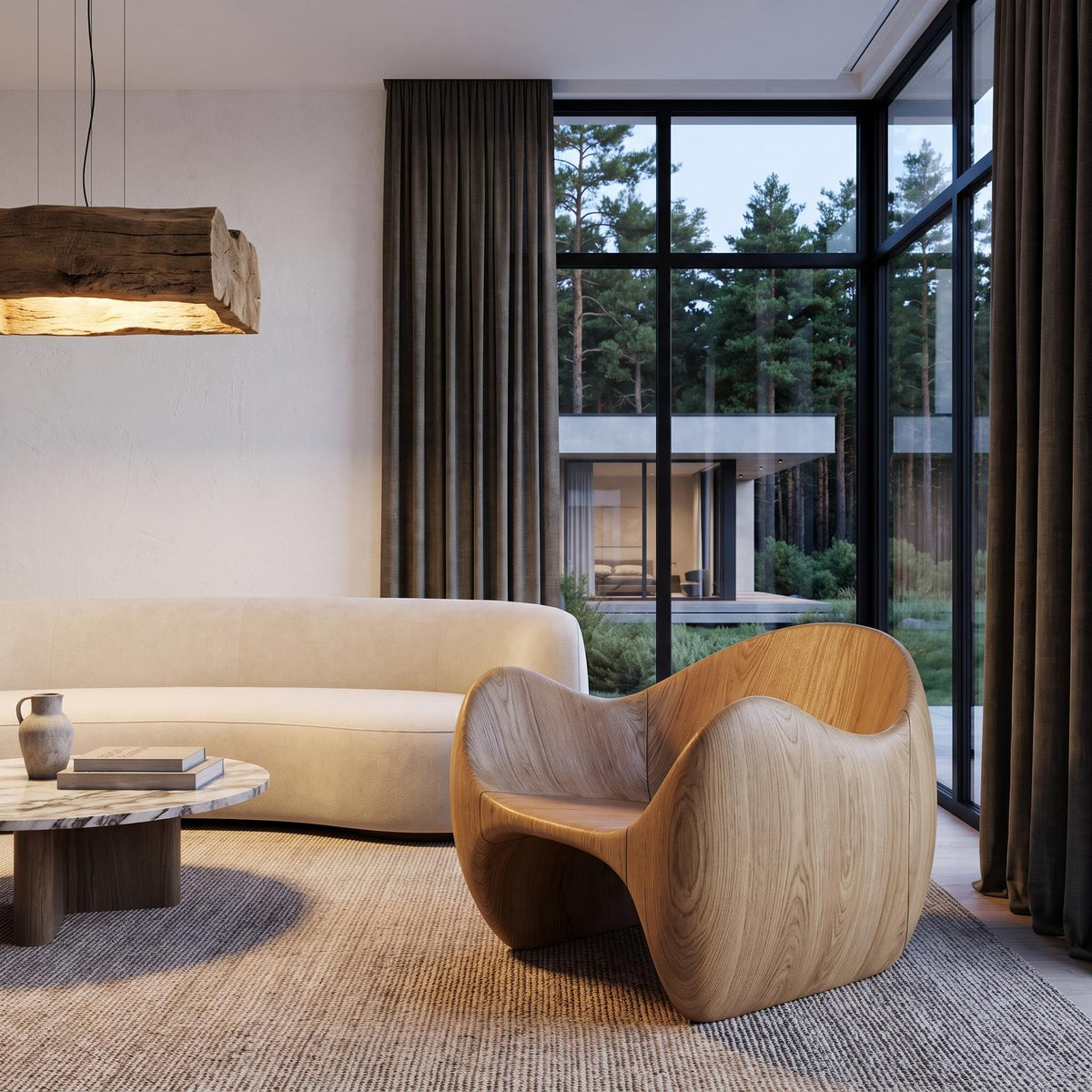 Modern Wooden Accent Chair With Sculptural Curved Frame For Living Room SINLHACHR038