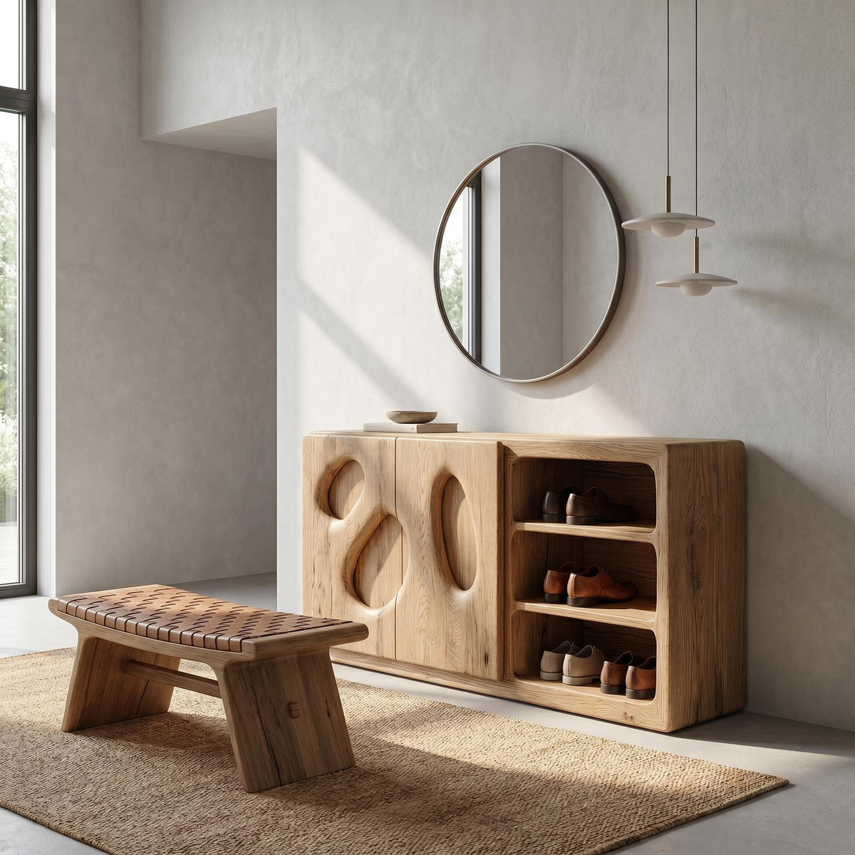 Spry Interior Organic Modern Wood Shoe Cabinet, Artistic Entryway Shoe Organizer & Hallway Storage Console, SINLHASB098