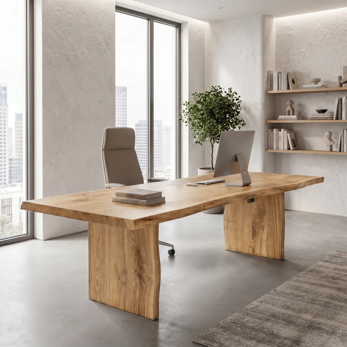 Rustic Live Edge Wooden Desk with Solid Wood Pedestal Base, Natural Edge Executive Office Computer Table