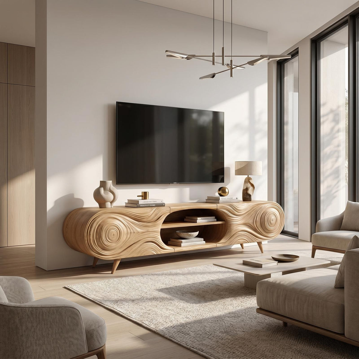 Organic Modern TV Cabinet, Handcrafted Sculptural Wood Grain Media Console Board with Storage for Living Room, Model