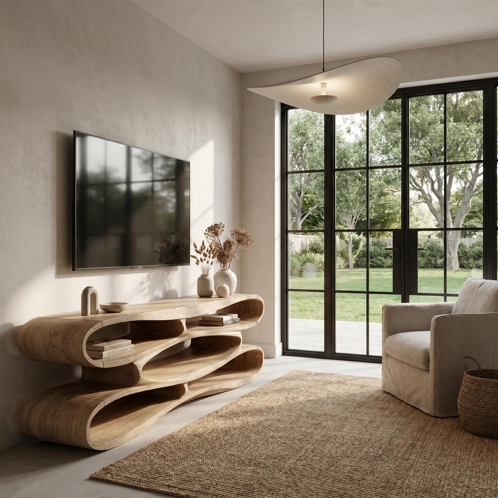 Sculptural Solid Wood TV Cabinet, Handcrafted Nature-Inspired Floating Media Console for Living Room TV Stand, Model