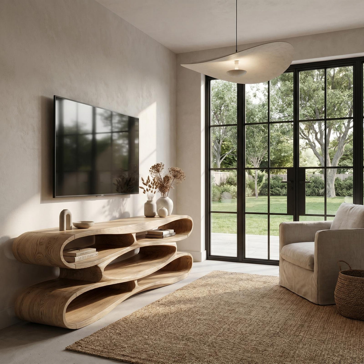 Sculptural Solid Wood TV Cabinet, Handcrafted Nature-Inspired Floating Media Console for Living Room TV Stand, Model