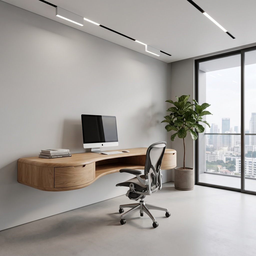 Modern Floating Desk with Storage Drawer, Curved Wood Wall Mounted Computer Writing Table for Home Office