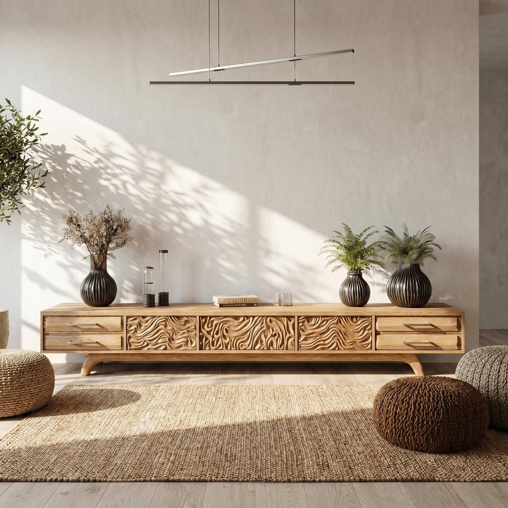 Rustic Solid Wood TV Cabinet, Handcrafted Nature-Inspired Branch Shape Media Console Table for Living Room, Model