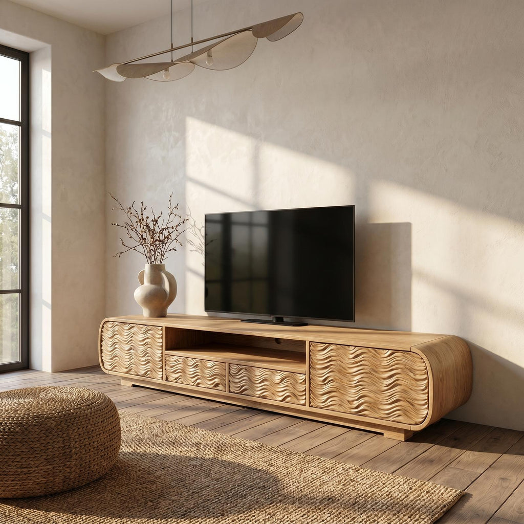 Modern Solid Wood Entertainment Center, Handcrafted Organic Wave Shaped TV Console for Living Room, Model