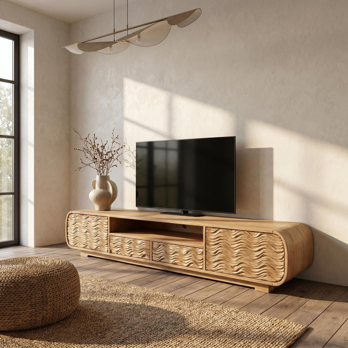 Modern Solid Wood Entertainment Center, Handcrafted Organic Wave Shaped TV Console for Living Room, Model