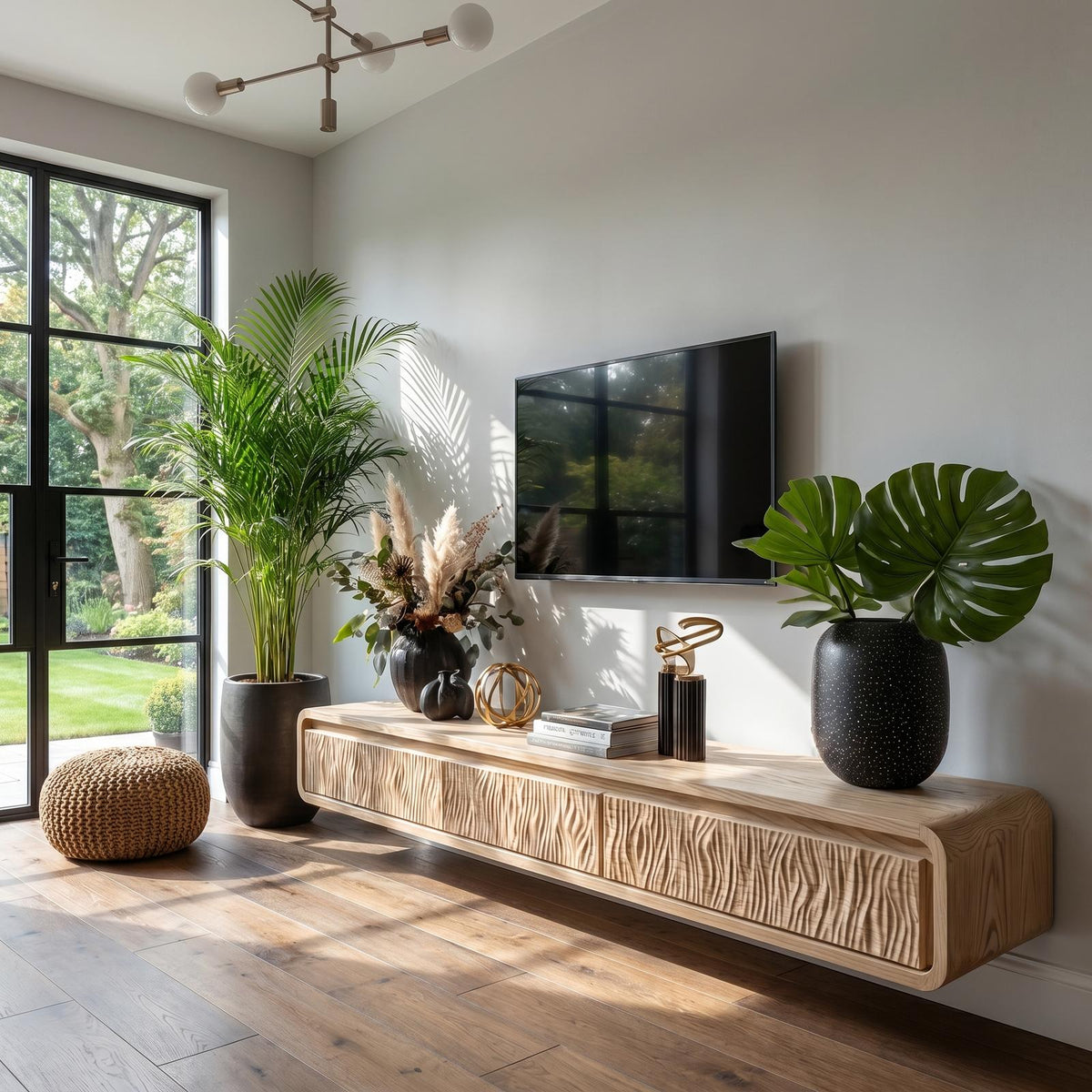 Organic Modern Wall Mounted TV Cabinet, Handcrafted Solid Wood Floating Media Console Entertainment Center, Model
