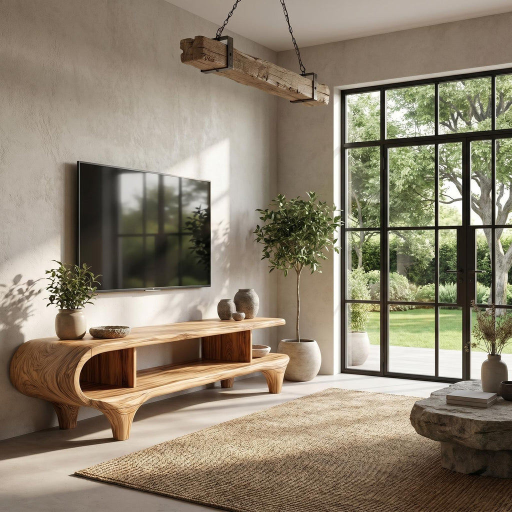 Contemporary Wooden TV Cabinet, Handcrafted Organic Curved Frame Media Console for Living Room TV Stand, Model