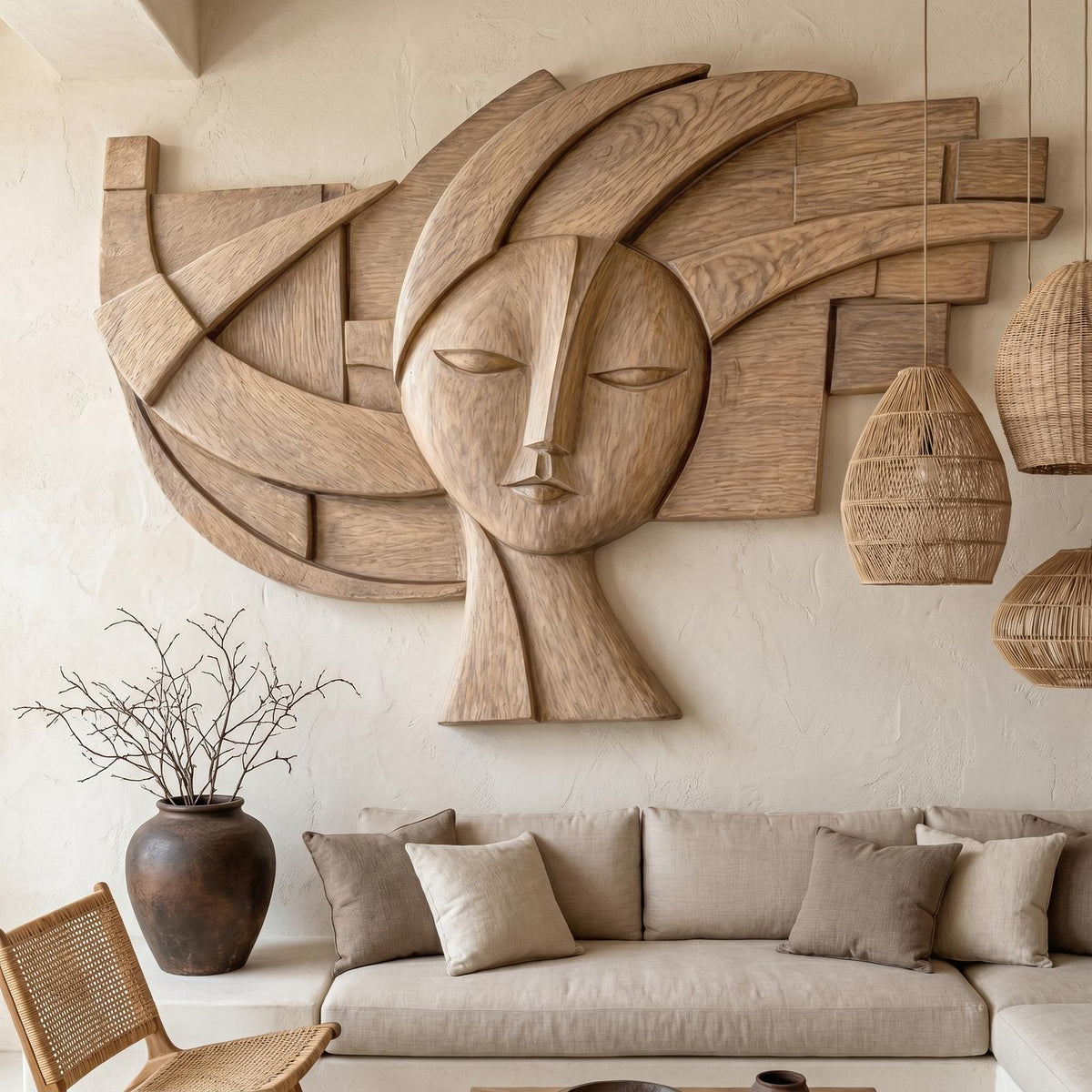 Spry Interior Abstract Tribal Face Wooden Wall Decor, Handcrafted Modern Wood Portrait Art Panel for Living Room, SINLHAWD073