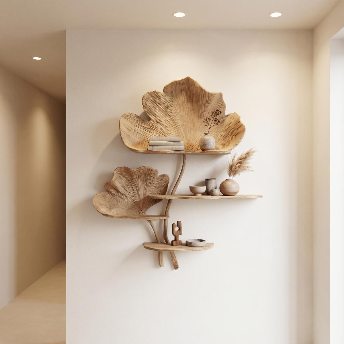 Organic Tree Wall Shelf, Leaf Shape Design Floating Solid Wood Display Rack for Bedroom Living Room