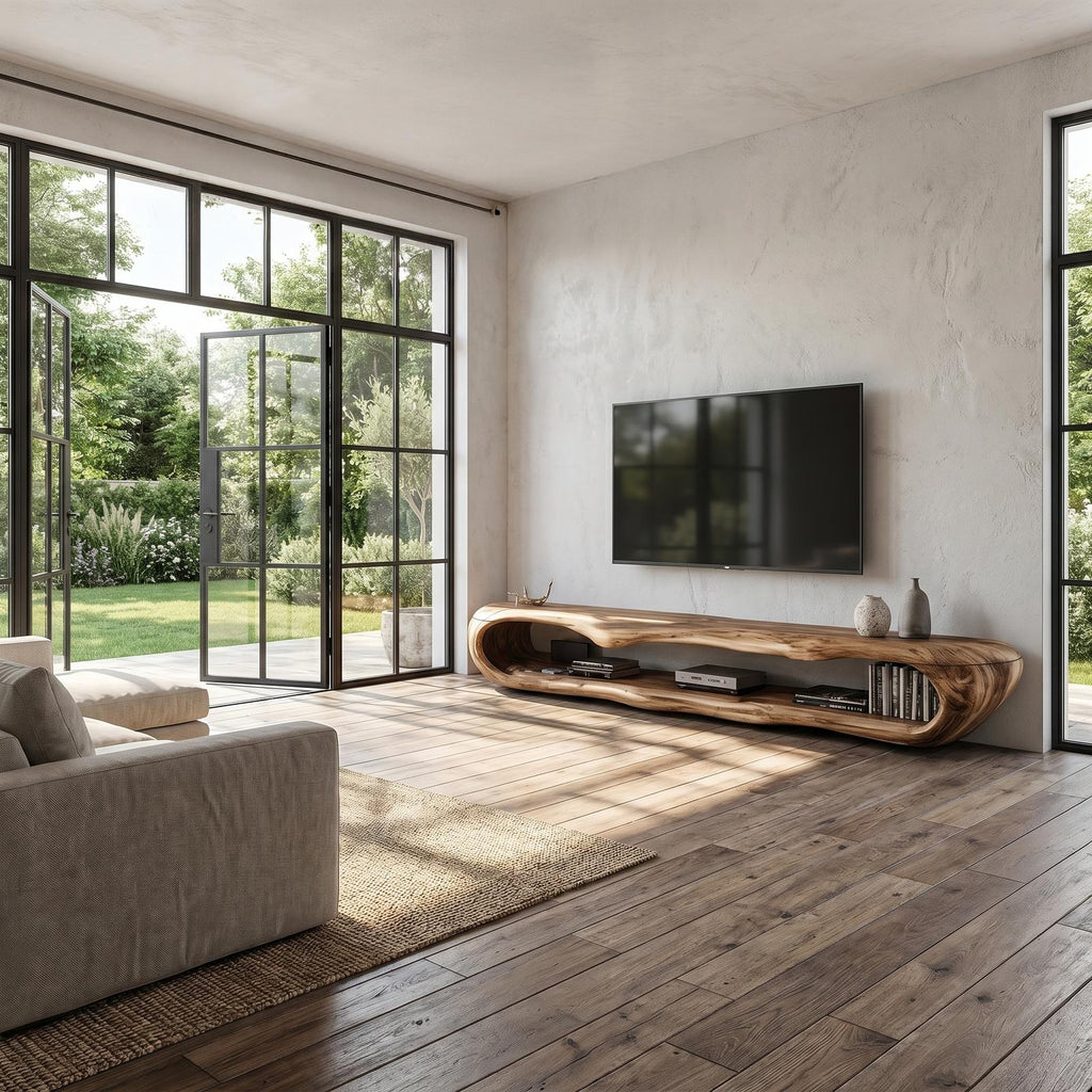 Sculptural Wood TV Cabinet, Handcrafted Nature-Inspired Artistic Media Console Credenza for Living Room, Model