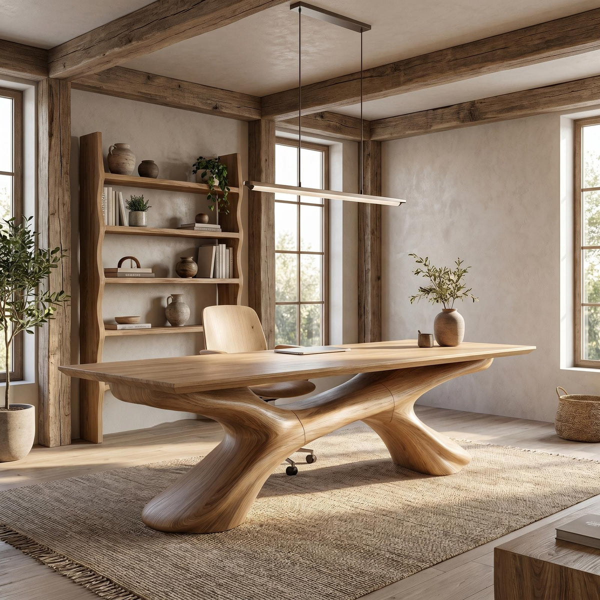Modern Executive Desk, Handcrafted Sculptural Solid Wood Home Office Computer Writing Workstation Table, Model