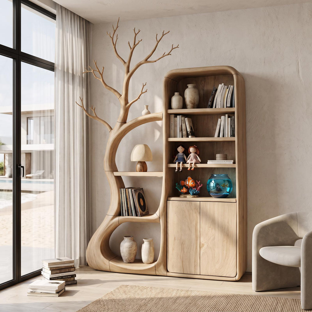 Rustic Tree Cabinet With Branch Inspired Shelving For Reading Room