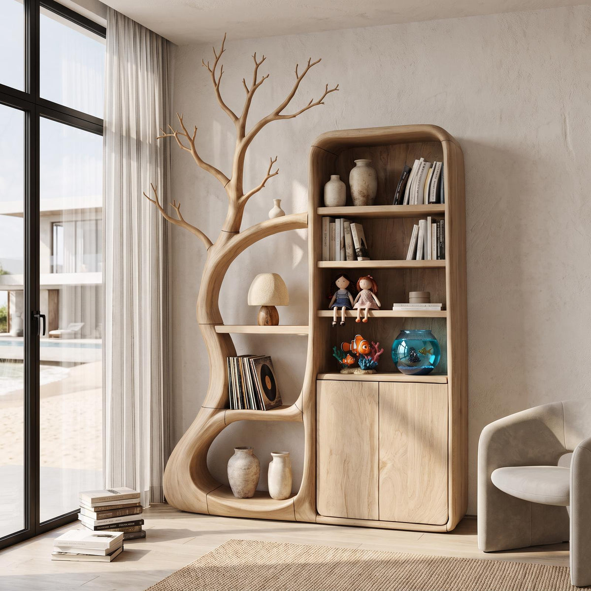 Rustic Tree Cabinet With Branch Inspired Shelving For Reading Room
