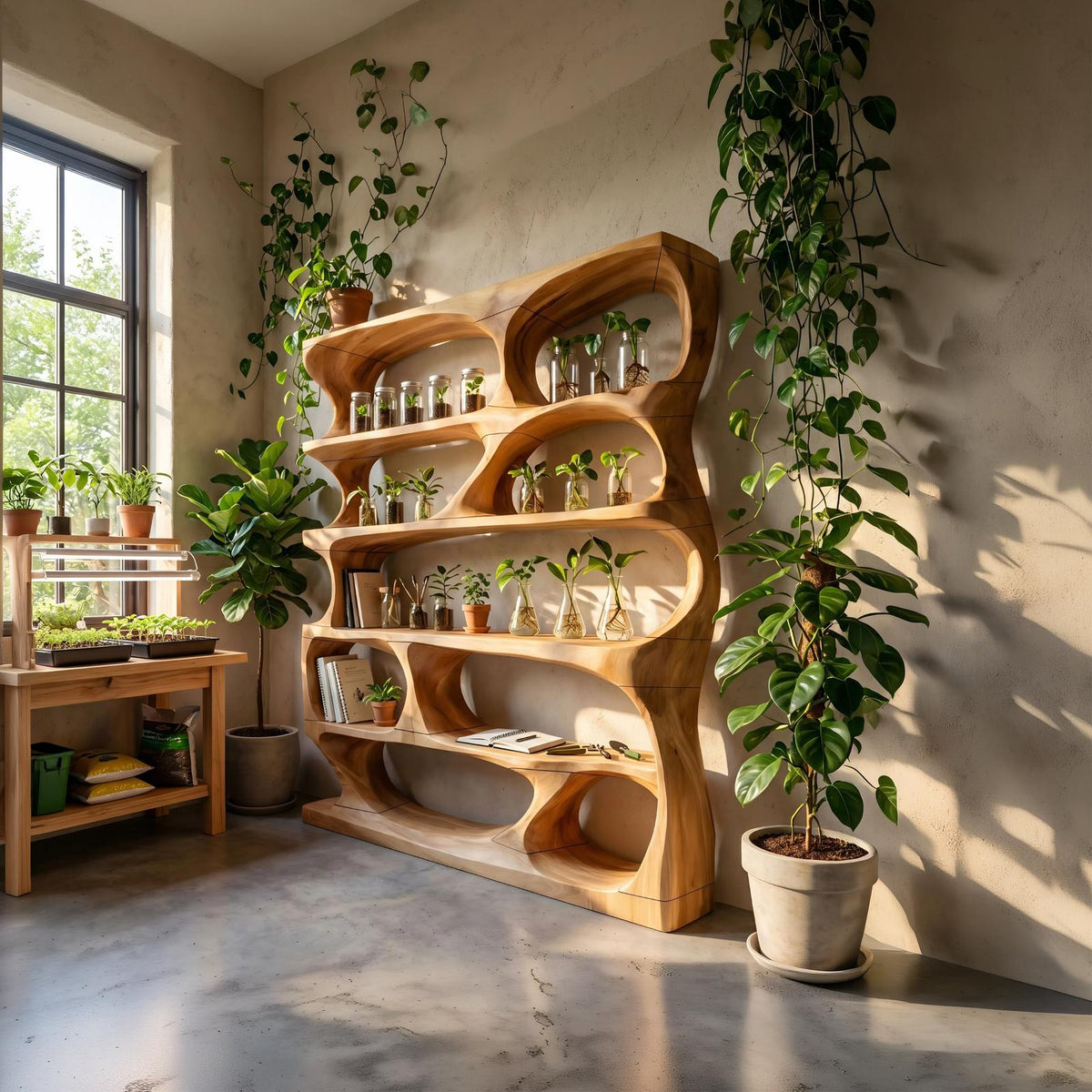 Minimalist Sculptural Bookshelf, Handcrafted Solid Wood Vertical Bookcase & Storage Display Organizer for Home Office