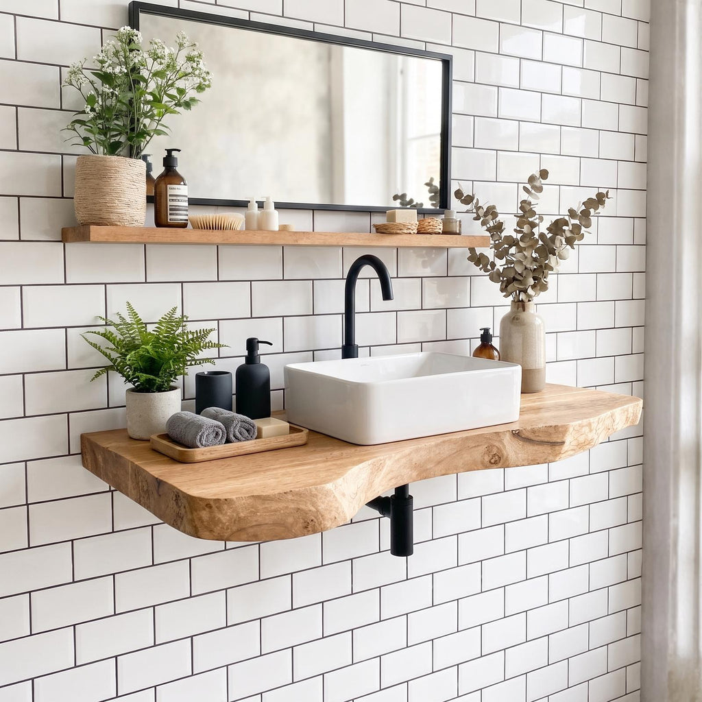 Spry Interior Rustic Live Edge Wood Bathroom Vanity, Floating Single Basin Sink Cabinet, Wall-Mounted Wood Under Sink Storage Unit