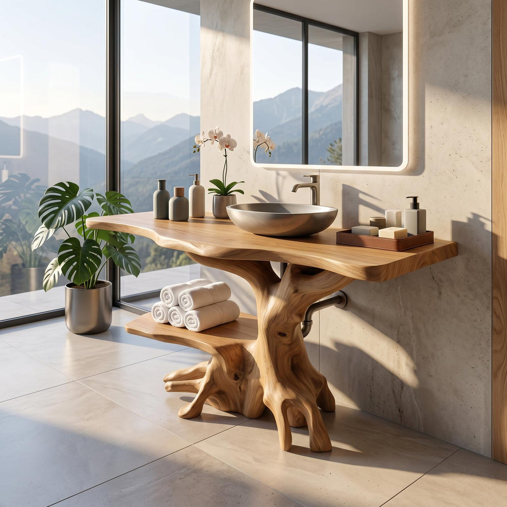 Spry Interior Farmhouse Live Edge Bathroom Vanity, Rustic Handcrafted Solid Wood Single Sink Vanity Cabinet with Storage Shelf, SILDTTRBRV122