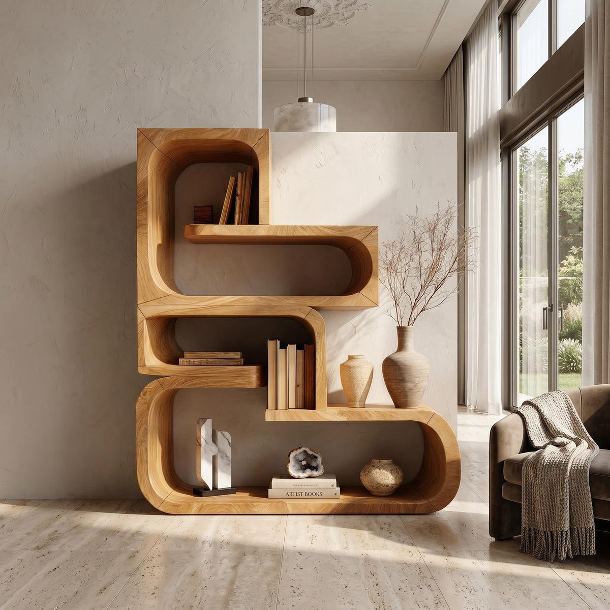 Contemporary Wave Edge Wooden Bookcase In Natural Finish SILDTTRBS056