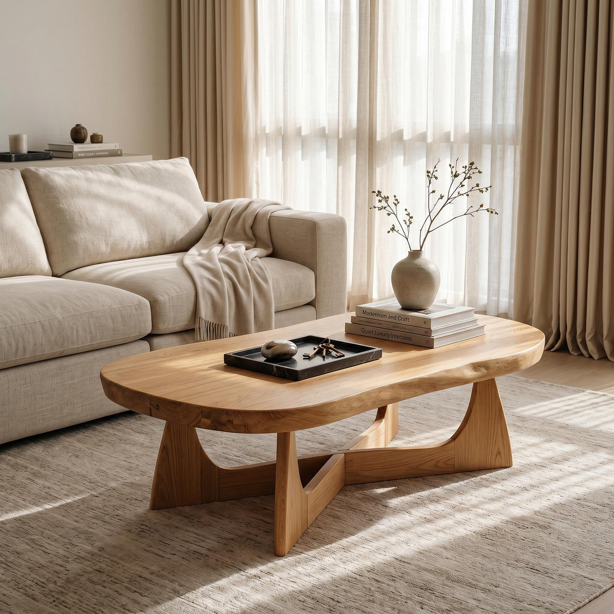 Nordic Wood Coffee Table, Scandinavian Minimalist Solid Wood Center Table for Cozy Living Room Lounge, Light Finish
